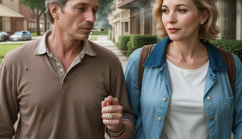 Middle Aged Couple Smoking a Roll Your Own Cigarette while Enjoying a Stroll