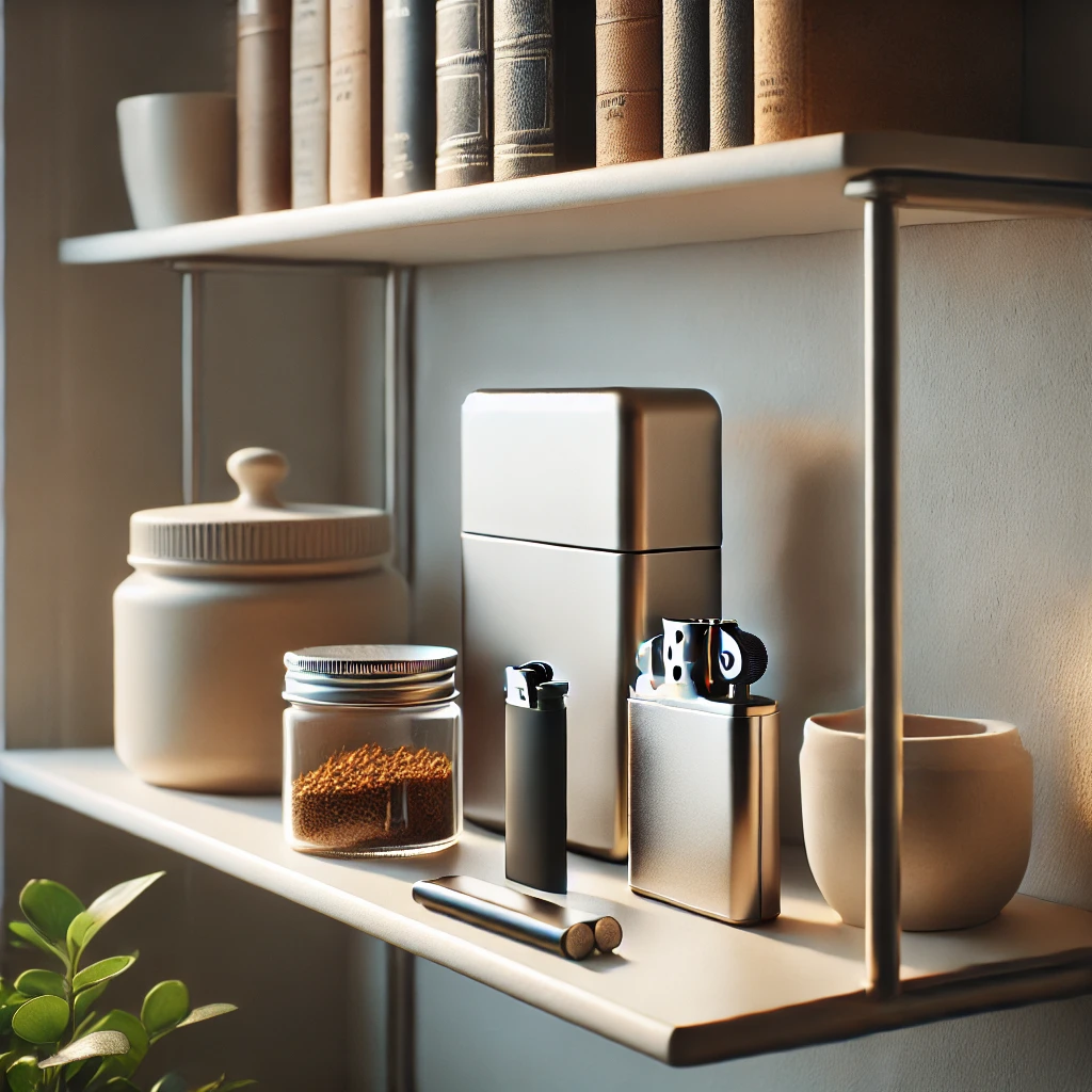 Shelves offering airtight containers for tobacco and cigarettes