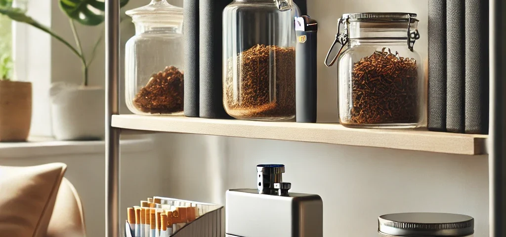 neatly organized stylish shelf in a modern living room featuring a collection of cigarette storage items