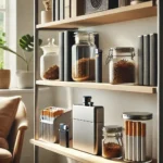 neatly organized stylish shelf in a modern living room featuring a collection of cigarette storage items