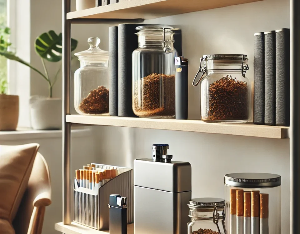 neatly organized stylish shelf in a modern living room featuring a collection of cigarette storage items