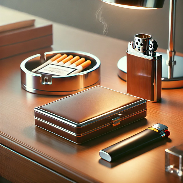 mid century display of smoking accessories including multiple lighters and cigarettes