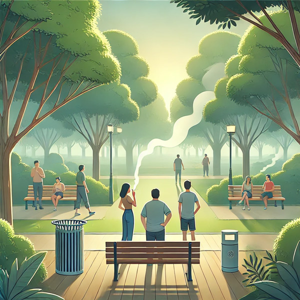 wide outdoor park scene showing a small group of people responsibly smoking cigarettes from a distance standing near a bench surrounded by trees