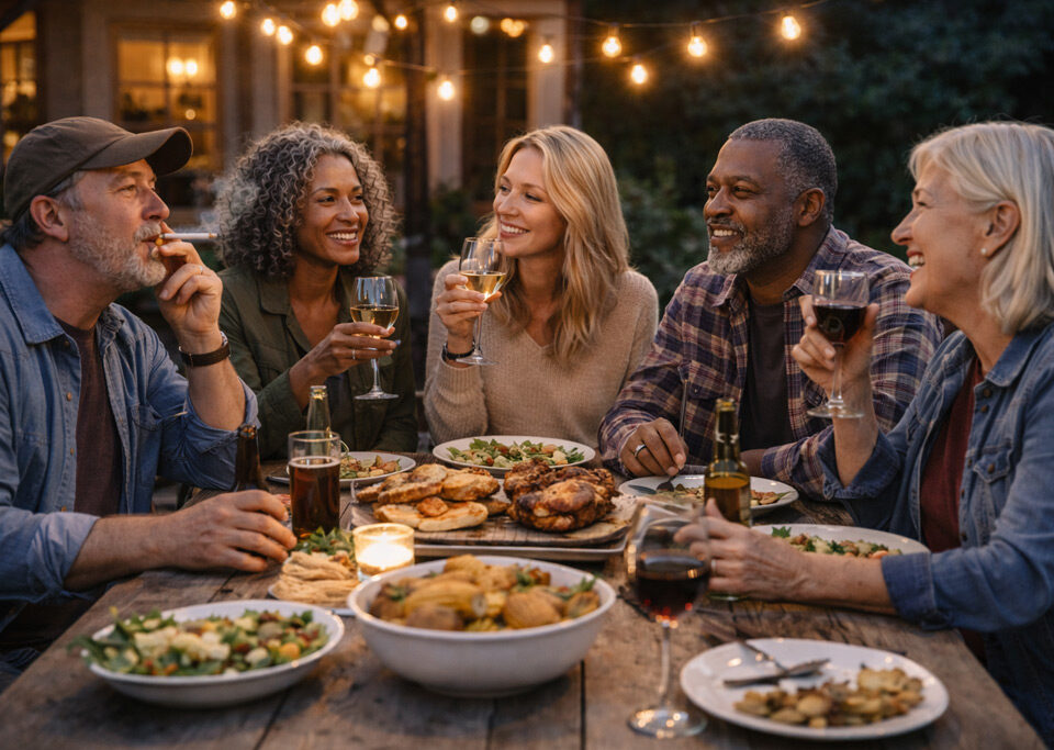 Smoking with Friends at Dinner Outside
