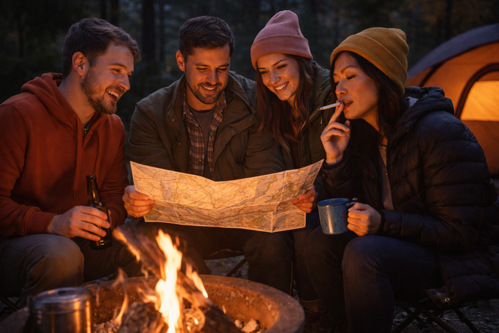 Start the Year Fresh: Why January Is the Best Time to Roll In-Store 8 Group camping, reading a map and smoking.