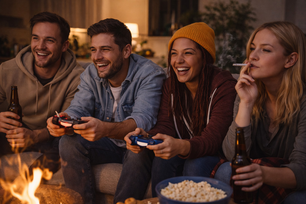 Start the Year Fresh: Why January Is the Best Time to Roll In-Store 9 Group gaming with snacks, drinks and smokes.